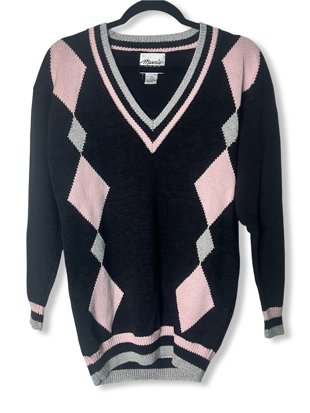 Marnie West Vintage 80s Argyle Sweater Black Pink Silver Metallic Sz. S